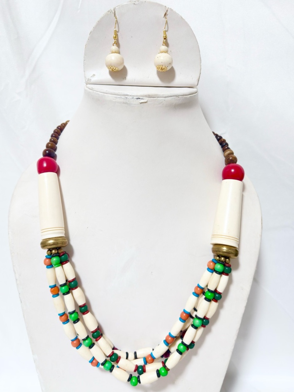 Handcrafted Bone Bead Triple-Strand Necklace with Earring set